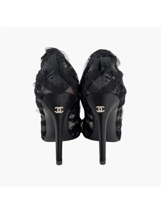 Chanel CC Bead-Embellished Pumps Black Mesh Lace Heels Size 38.5 US 7.5-8 - Picture 6 of 16